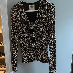 FARM Rio Black Floral Twist-Front Long Sleeve Blouse